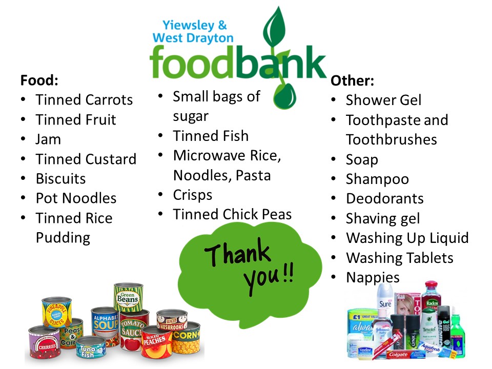 Shopping list of the items required by Yiewsley and West Drayton Foodbank. The up to date list can be reached at their website - https://yiewsleywestdrayton.foodbank.org.uk/give-help/donate-food/
